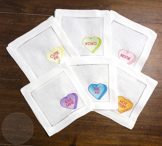 Custom Valentine's Embroidered Cocktail Napkins with Candy Hearts