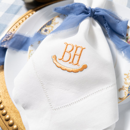 Embroidered Napkins with Two Letter Monogram and Scalloped Border