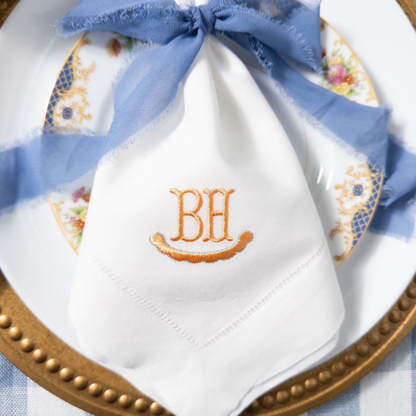 Embroidered Place Settings with Two Letter Monogram and Scalloped Border Newlywed Gift