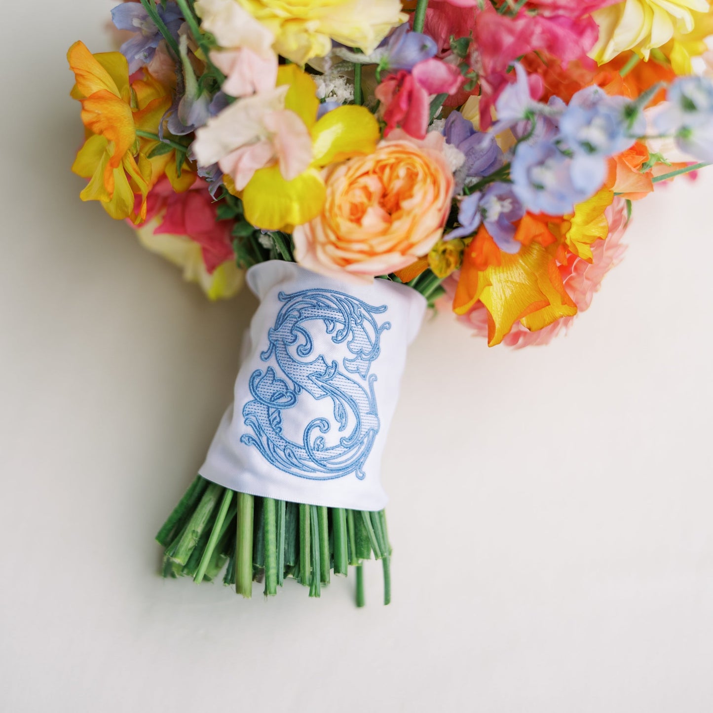 Custom Embroidered Bouquet Wrap with Single Letter Vine Monogram Housewarming Gift