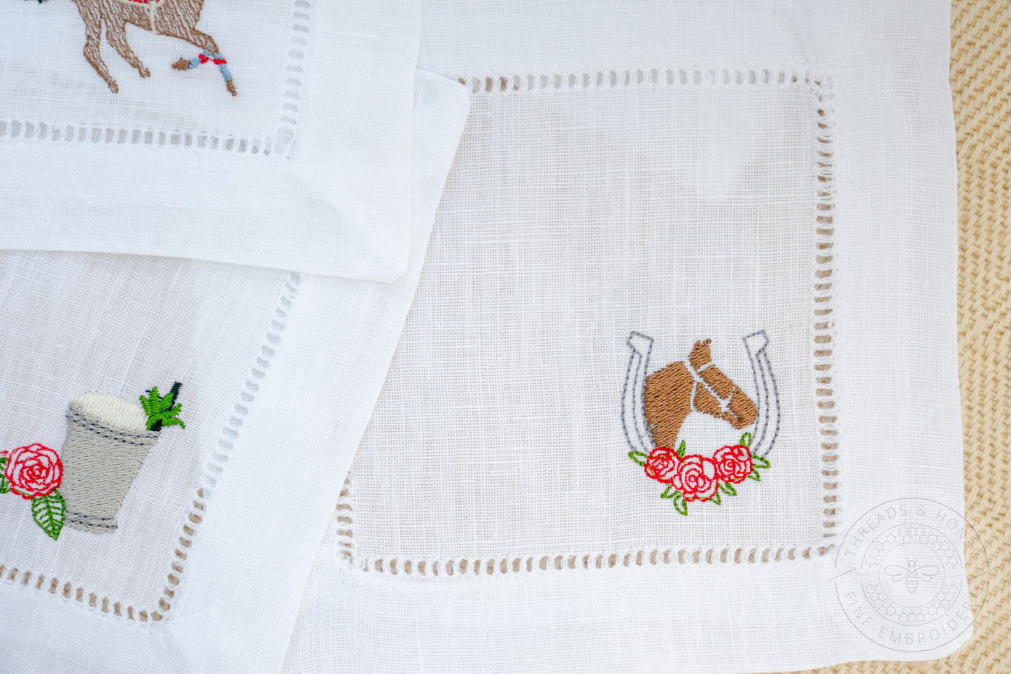Embroidered Vintage Kentucky Derby Linen Napkins Birthday Gift