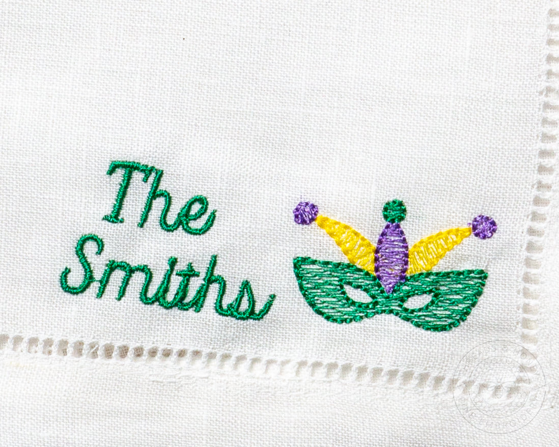Embroidered Mardi Gras Linen Napkins with Fleur de Lis with Minimalist Script Name Set of 4 Housewarming Gift