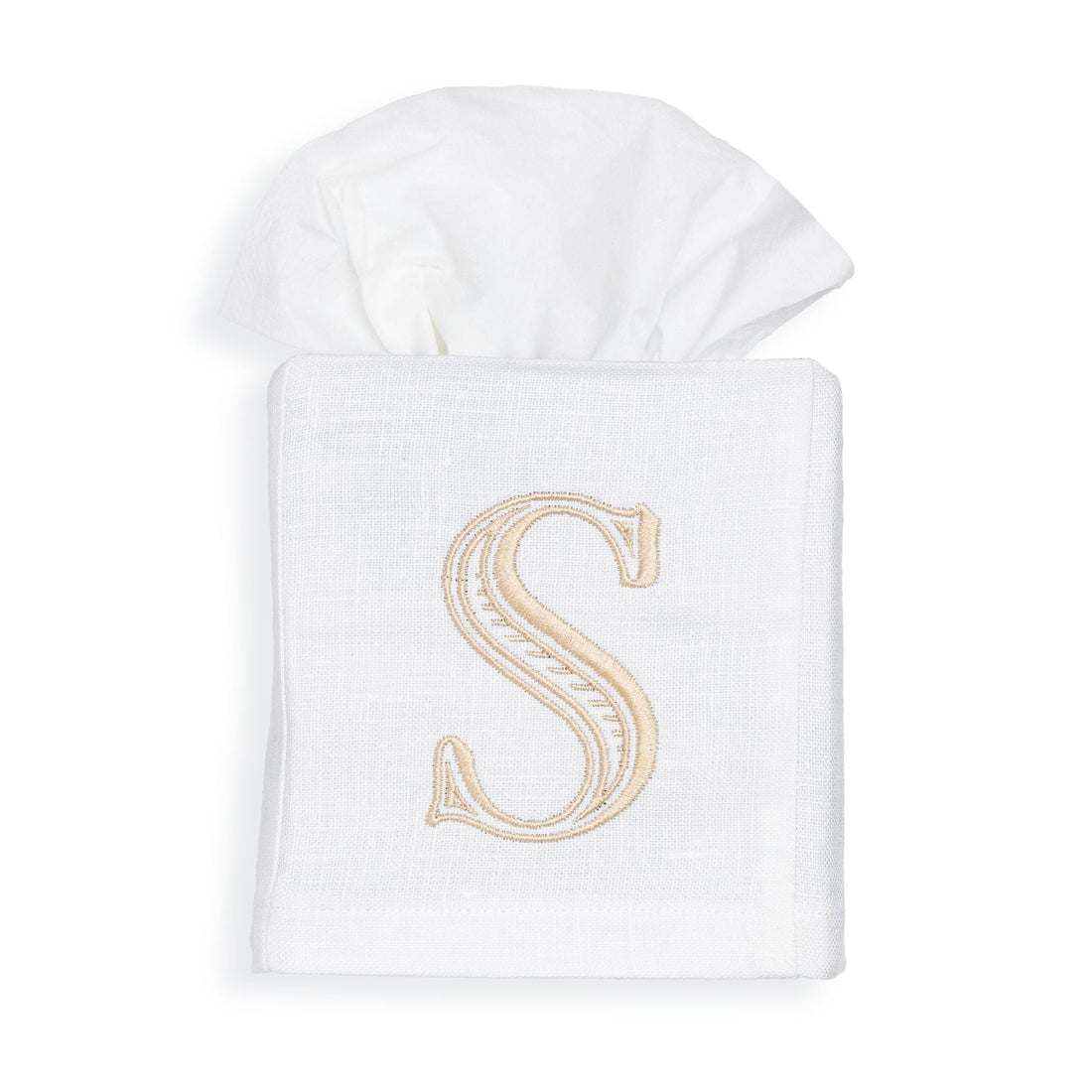 Personalized embroidered tissue box cover styled as a housewarming gift