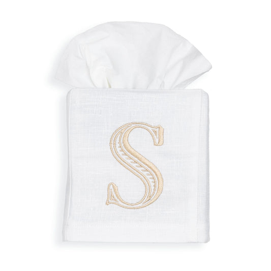 Personalized embroidered tissue box cover styled as a housewarming gift
