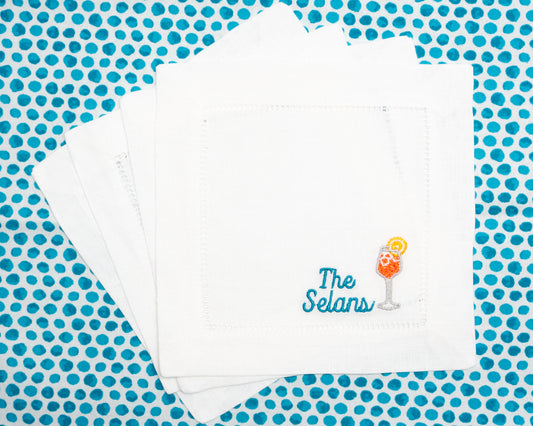 Embroidered Cocktail Napkins with Aperol Spritz and Personalized Minimalist Script Name