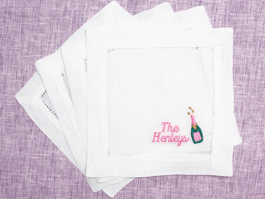 Embroidered Cocktail Napkins with Champagne Bottle and Personalized Minimalist Script Name