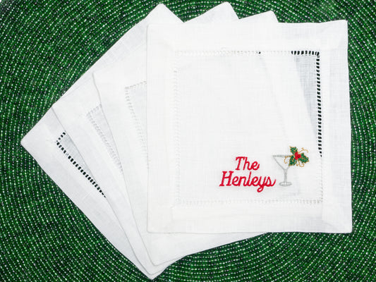 Embroidered Cocktail Napkins with Holiday Martini Glass with Personalized Minimalist Script Name