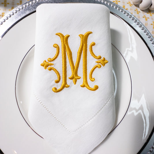 Embroidered Dinner Napkins with Antique Single Letter Monogram