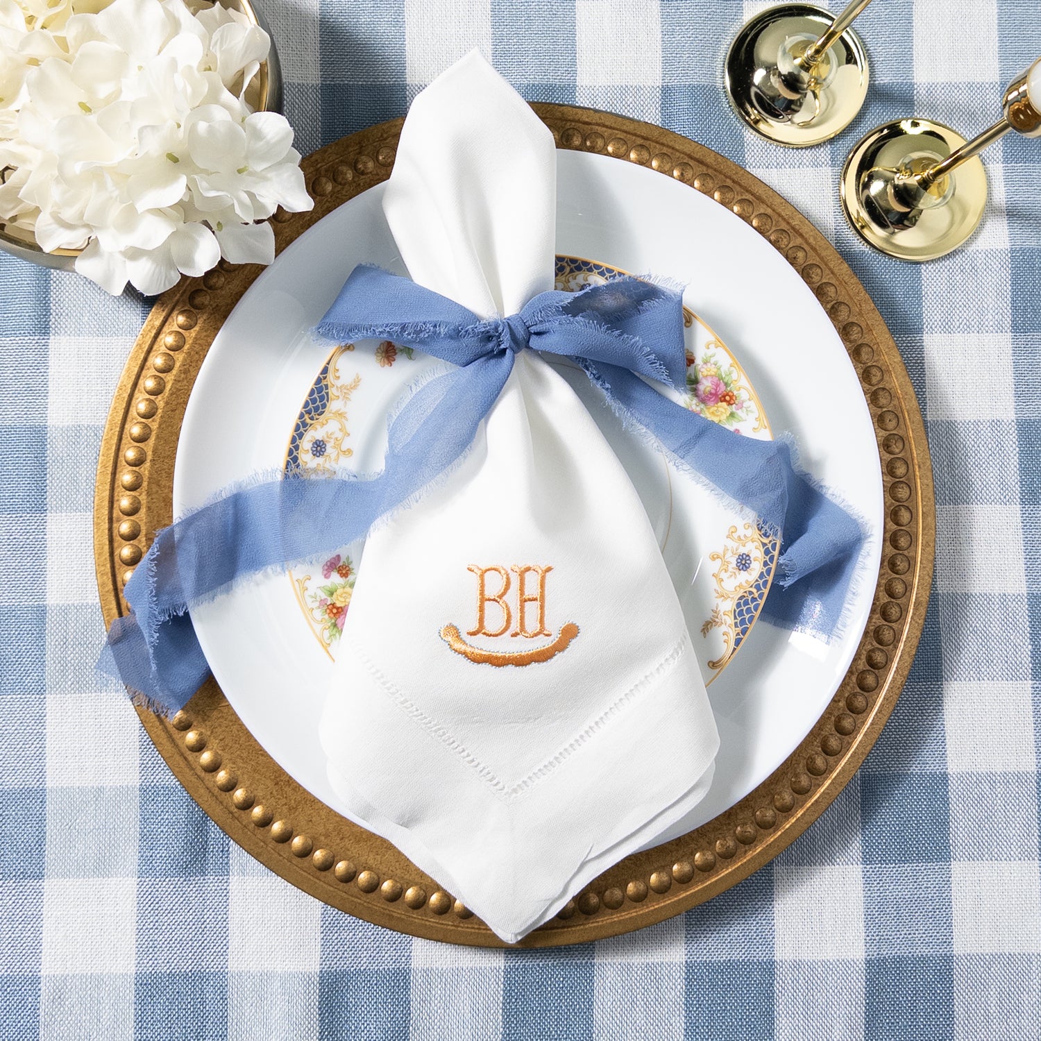 Embroidered Napkins with Two Letter Monogram and Scalloped Border Housewarming Gift