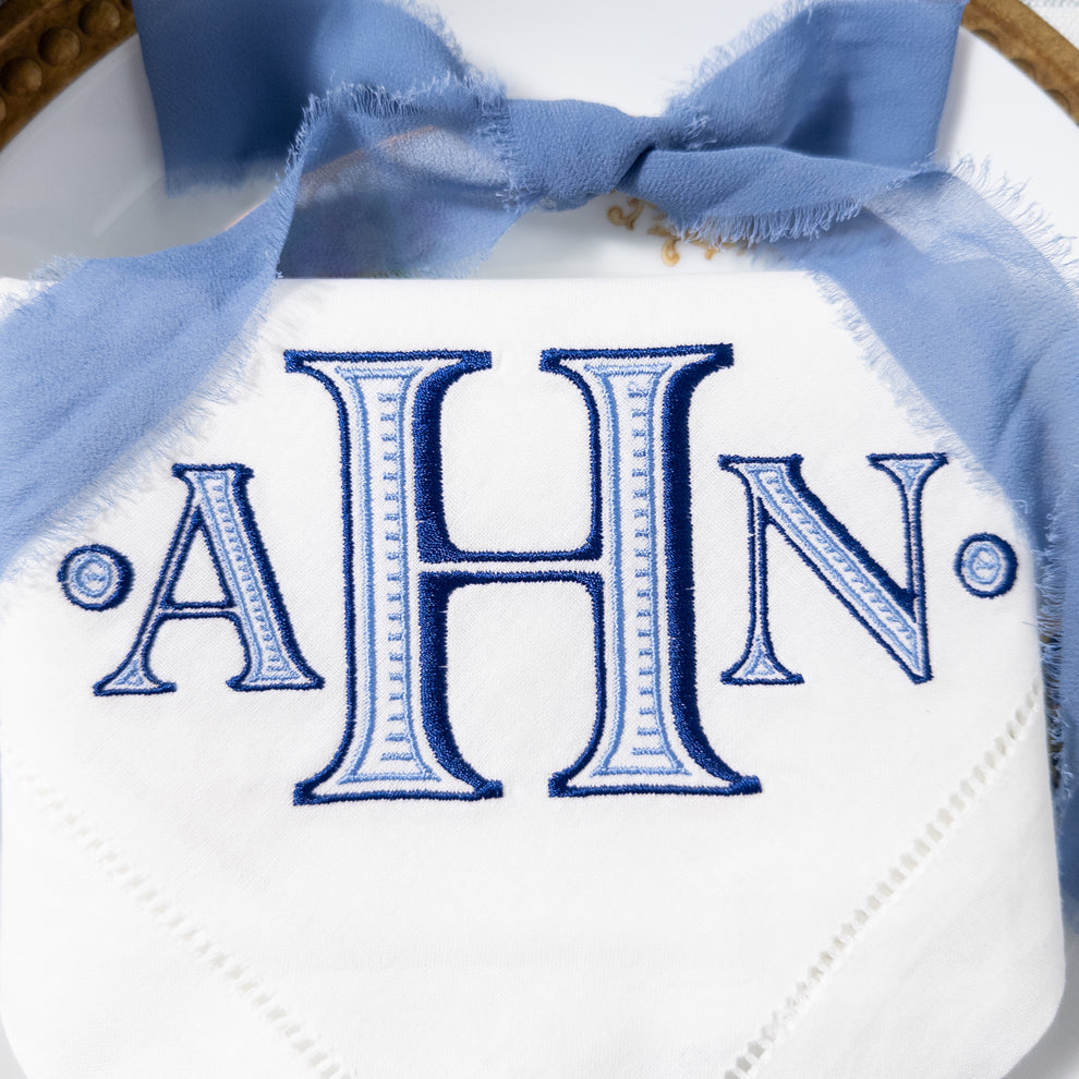 Embroidered Napkins with Ryan Three Letter Monogram | Threads & Honey