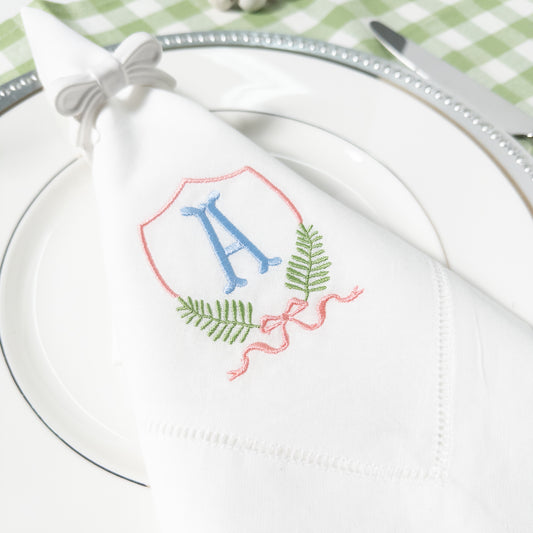 Embroidered Napkins with Fern Crest with Fishtail Monogram