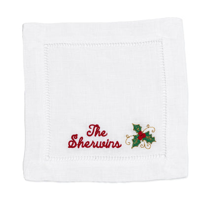 Christmas Embroidered Cocktail Napkins with Minimalist Script Name and Mistletoe