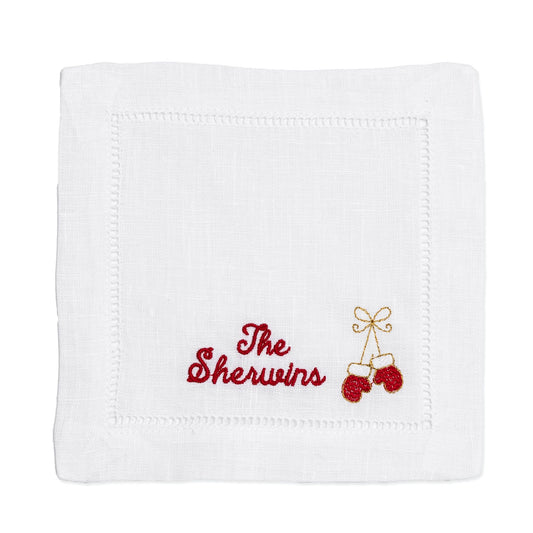 Christmas Embroidered Cocktail Napkins with Minimalist Script Name and Mittens