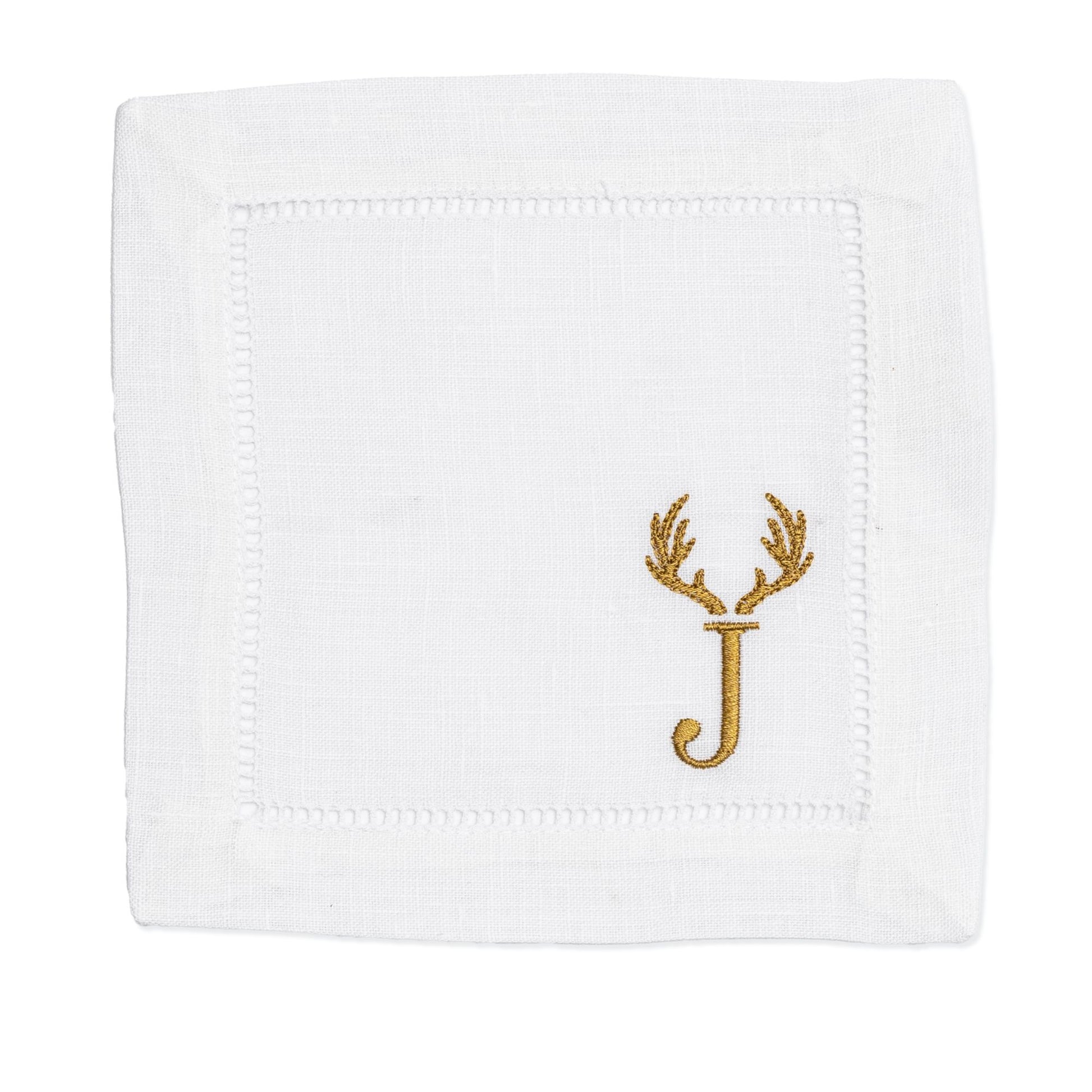 Embroidered Christmas Cocktail Napkins with Antlers and Personalized Single Letter Monogram Set