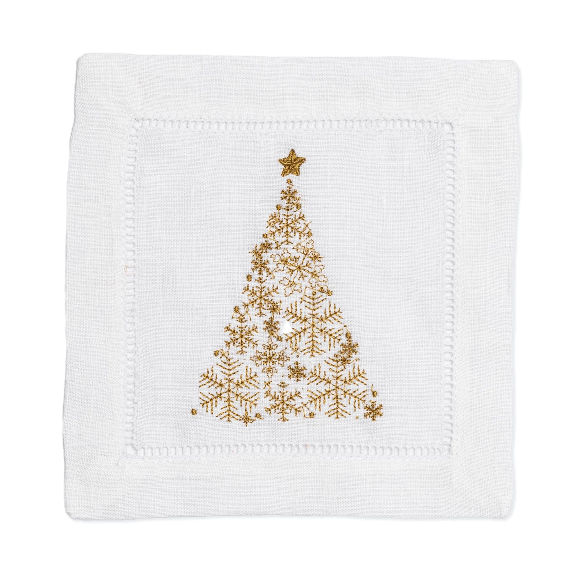 Embroidered Cocktail Napkins with Snowflake Christmas Tree