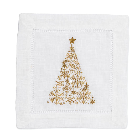 Embroidered Cocktail Napkins with Snowflake Christmas Tree