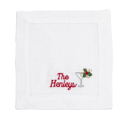 Embroidered Cocktail Napkins with Holiday Martini Glass with Personalized Minimalist Script Name