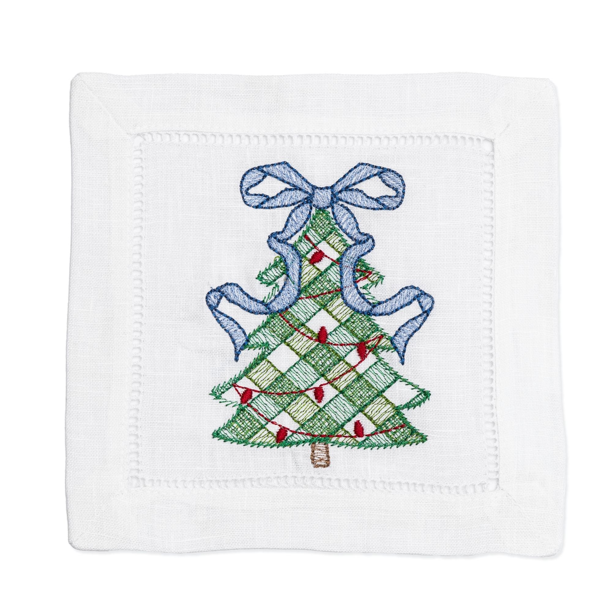 Christmas tree cocktail napkin set, hand embroidered white cotton napkins, Xmas tree napkins, hostess gift, holiday gift, sale Christmas gift