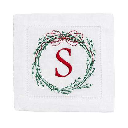 Christmas Embroidered Linen Cocktail Napkins with Wreath Monogram Christmas Gift and Holiday Decor