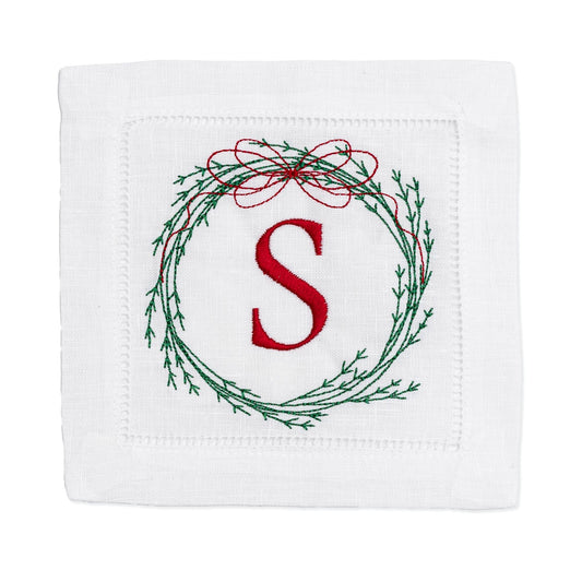 Christmas Embroidered Linen Cocktail Napkins with Wreath Monogram Christmas Gift and Holiday Decor