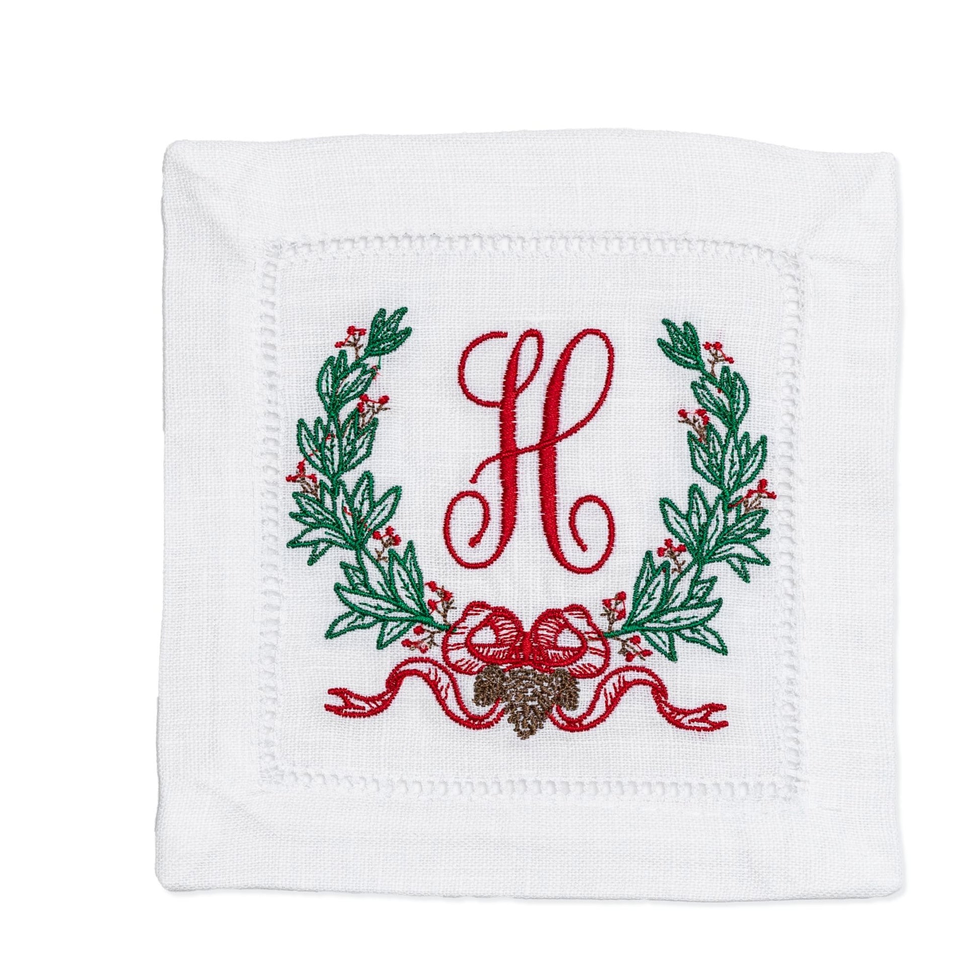 Embroidered Christmas Cocktail Napkins with Pinecone Wreath and Personalized Single Letter Monogram Set