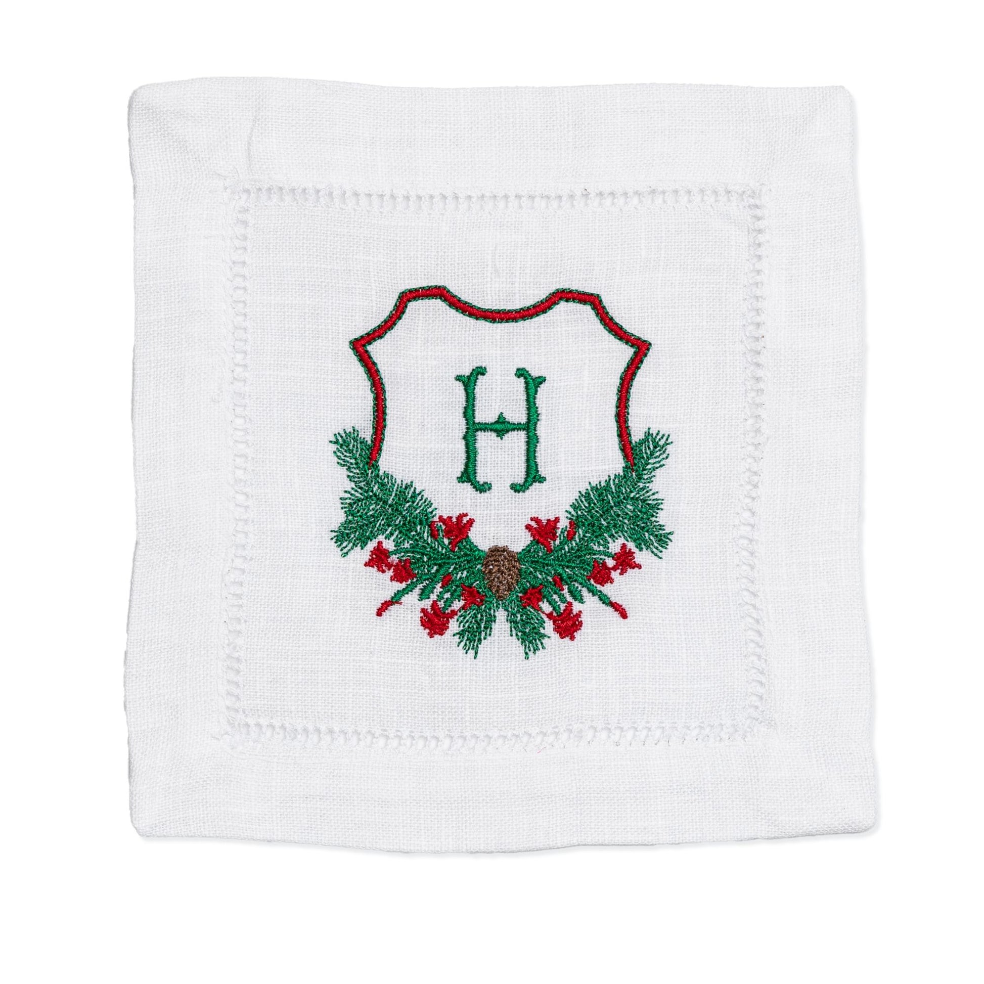 Embroidered Christmas with Cactus Crest Cocktail Napkins and Personalized Single Letter Monogram Set