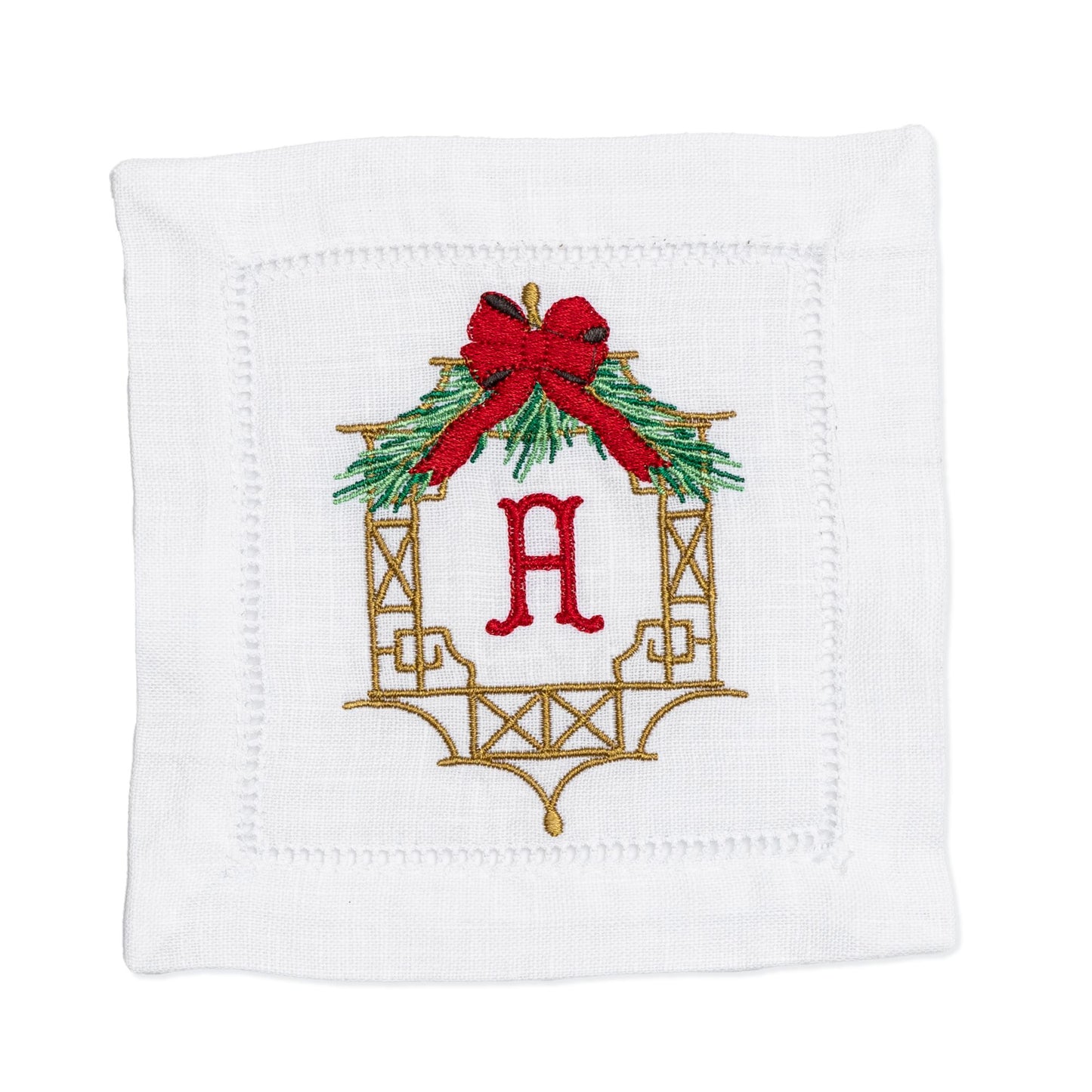 Embroidered Christmas Cocktail Napkins with Chinoiserie Frame and Personalized Single Letter Monogram Set