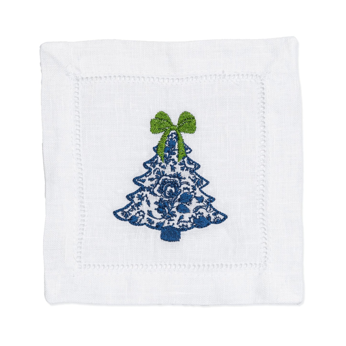 Embroidered Chinoiserie Christmas Tree Cocktail Napkins Set