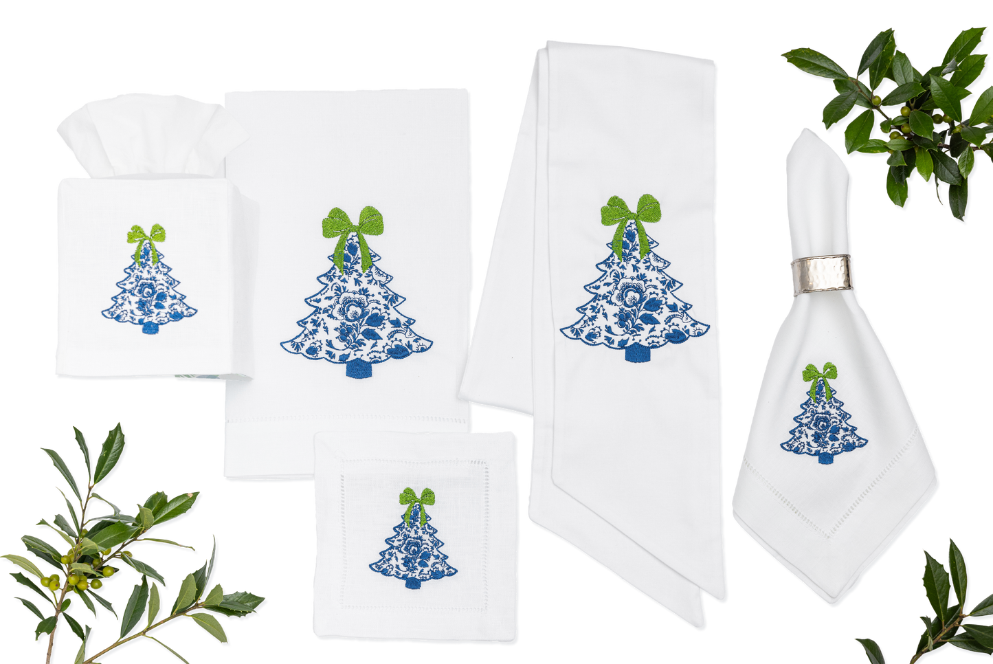 Embroidered Chinoiserie Christmas Tree Linen Tea Towel Anniversary Gift