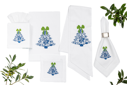 Embroidered Chinoiserie Christmas Tree Linen Tea Towel Anniversary Gift