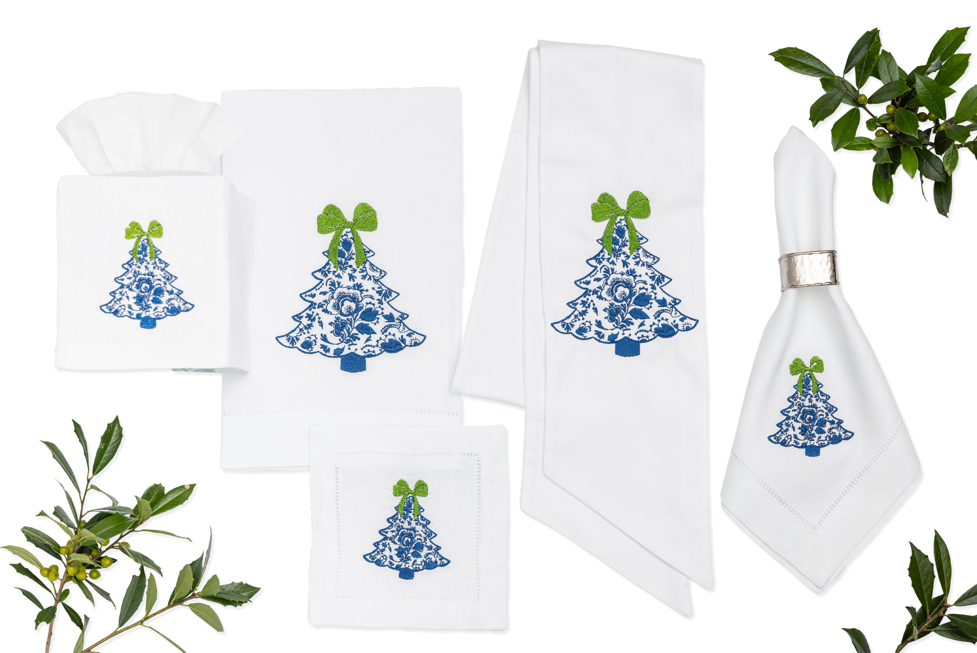 Embroidered Chinoiserie Christmas Tree Beverage Napkins Set