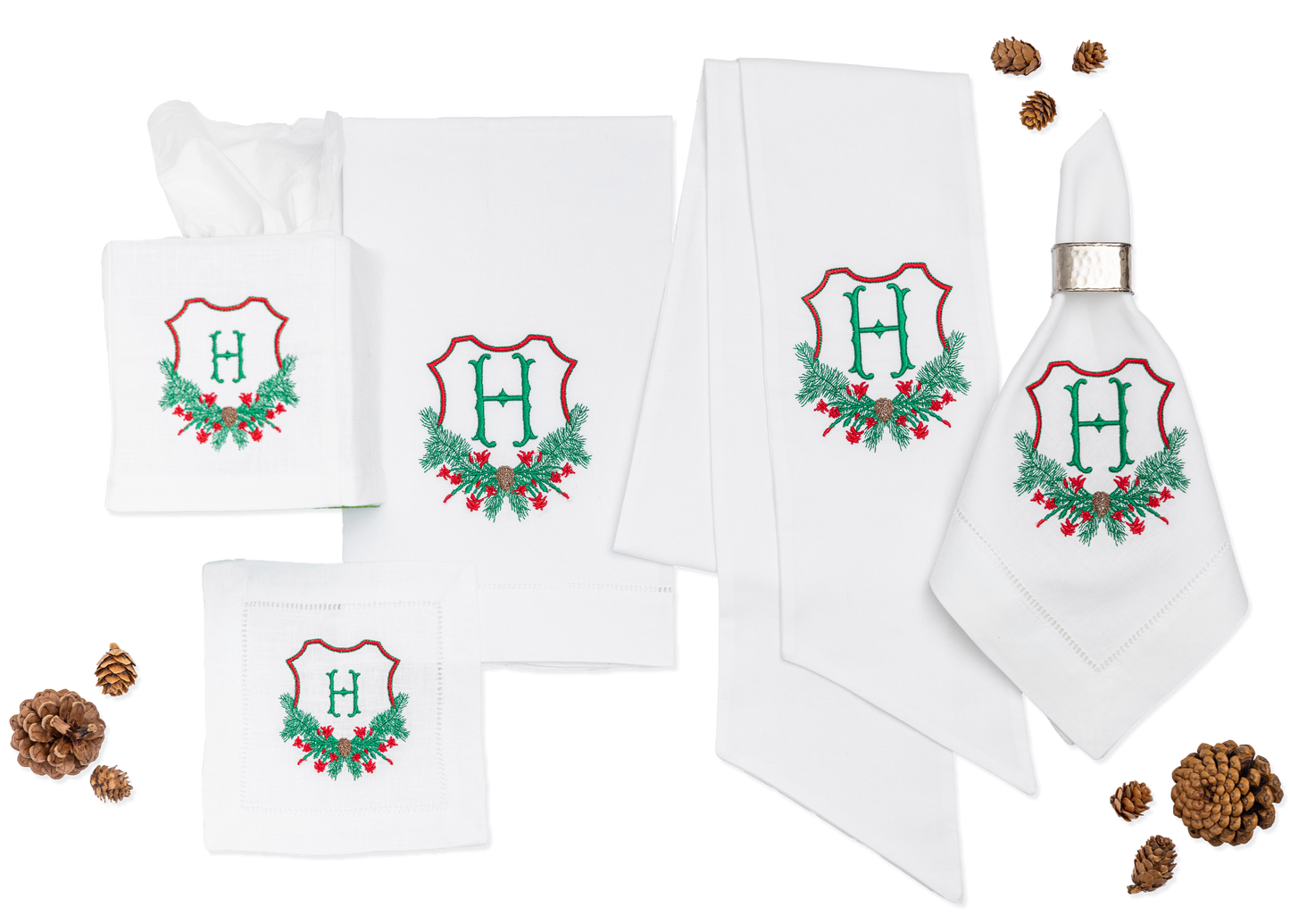 Embroidered Christmas with Cactus Crest Beverage Napkins and Personalized Single Letter Monogram Set