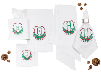 Embroidered Christmas with Cactus Crest Beverage Napkins and Personalized Single Letter Monogram Set