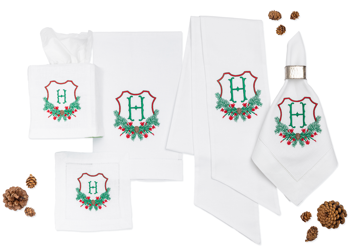 Embroidered Christmas Wreath Sash with Cactus Crest and Personalized Single Letter Monogram Holiday Gift