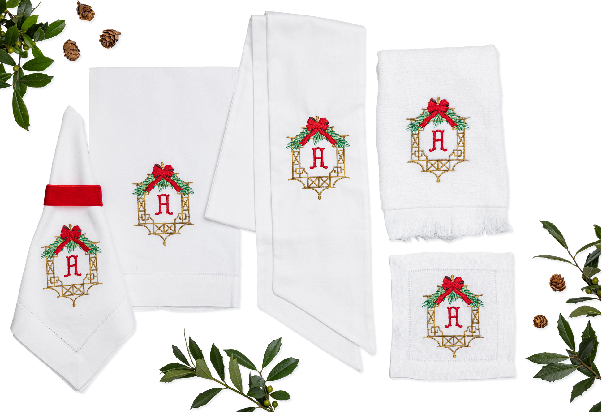 Embroidered Christmas Linen Napkins with Chinoiserie Frame and Personalized Single Letter Monogram Set