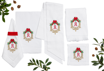 Embroidered Christmas Linen Napkins with Chinoiserie Frame and Personalized Single Letter Monogram Set