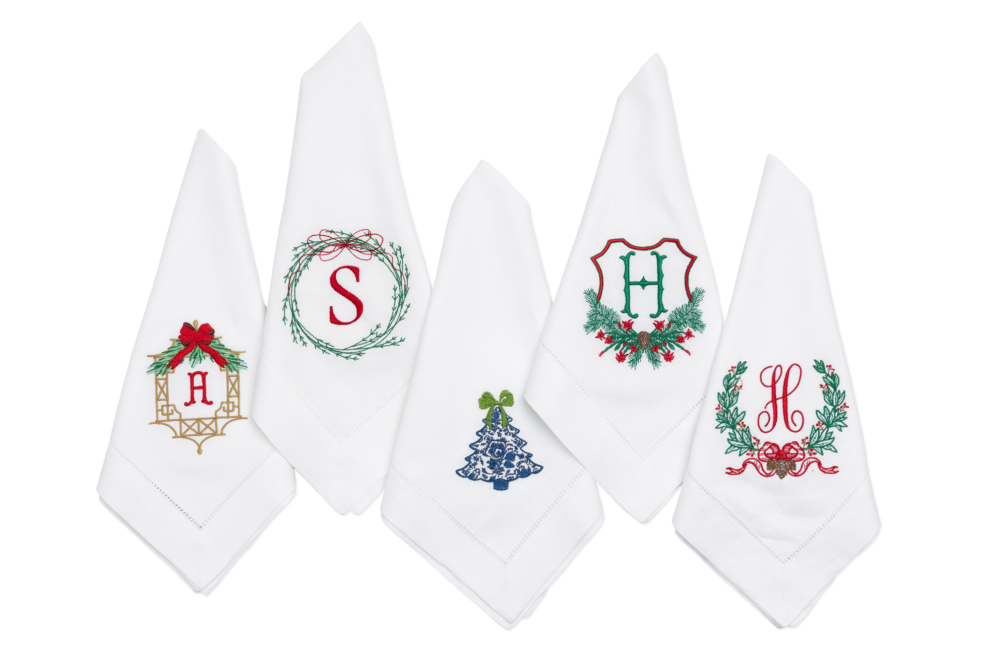 Christmas Embroidered Table Napkins Napkins Thin Bow Wreath and Personalized Single Letter Monogram