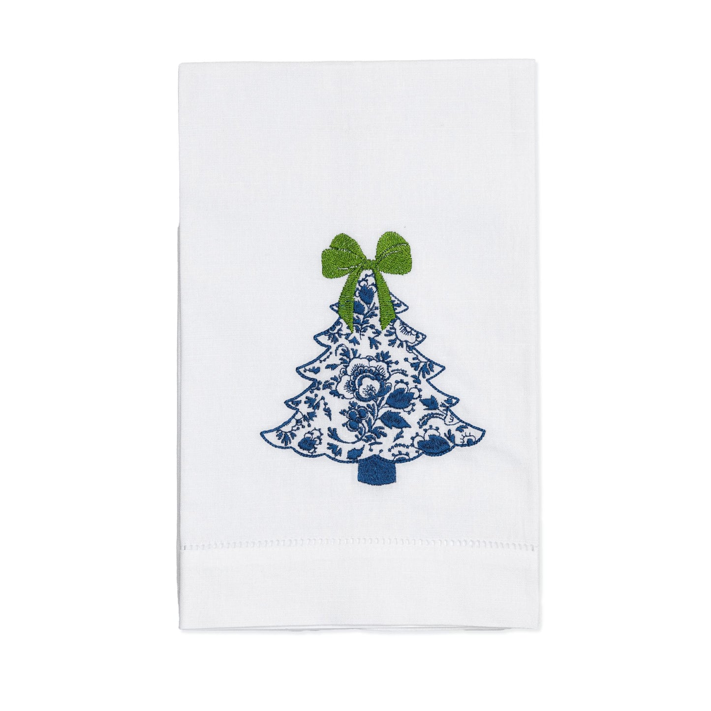 Embroidered Chinoiserie Christmas Tree Linen Tea Towel Friend Gift