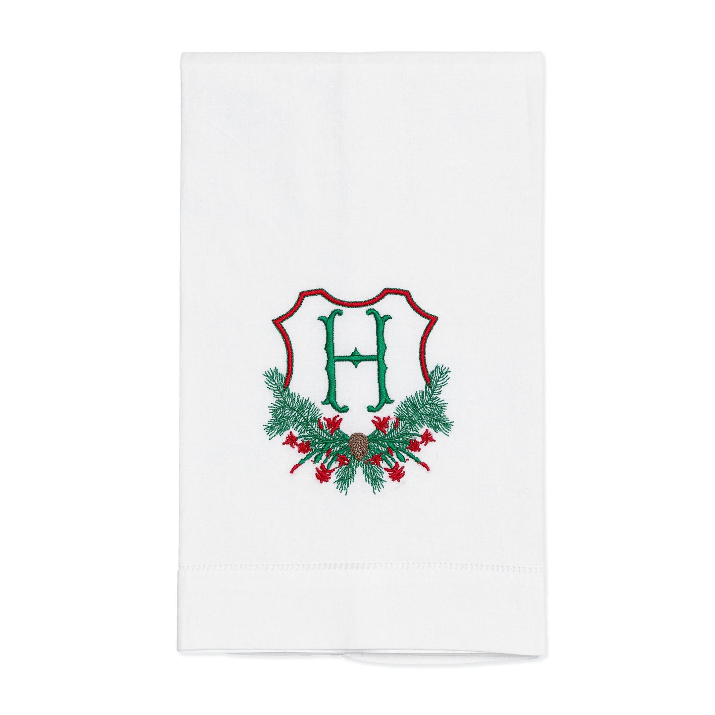 Embroidered Christmas Hand Towel with Cactus Crest and Personalized Single Letter Monogram