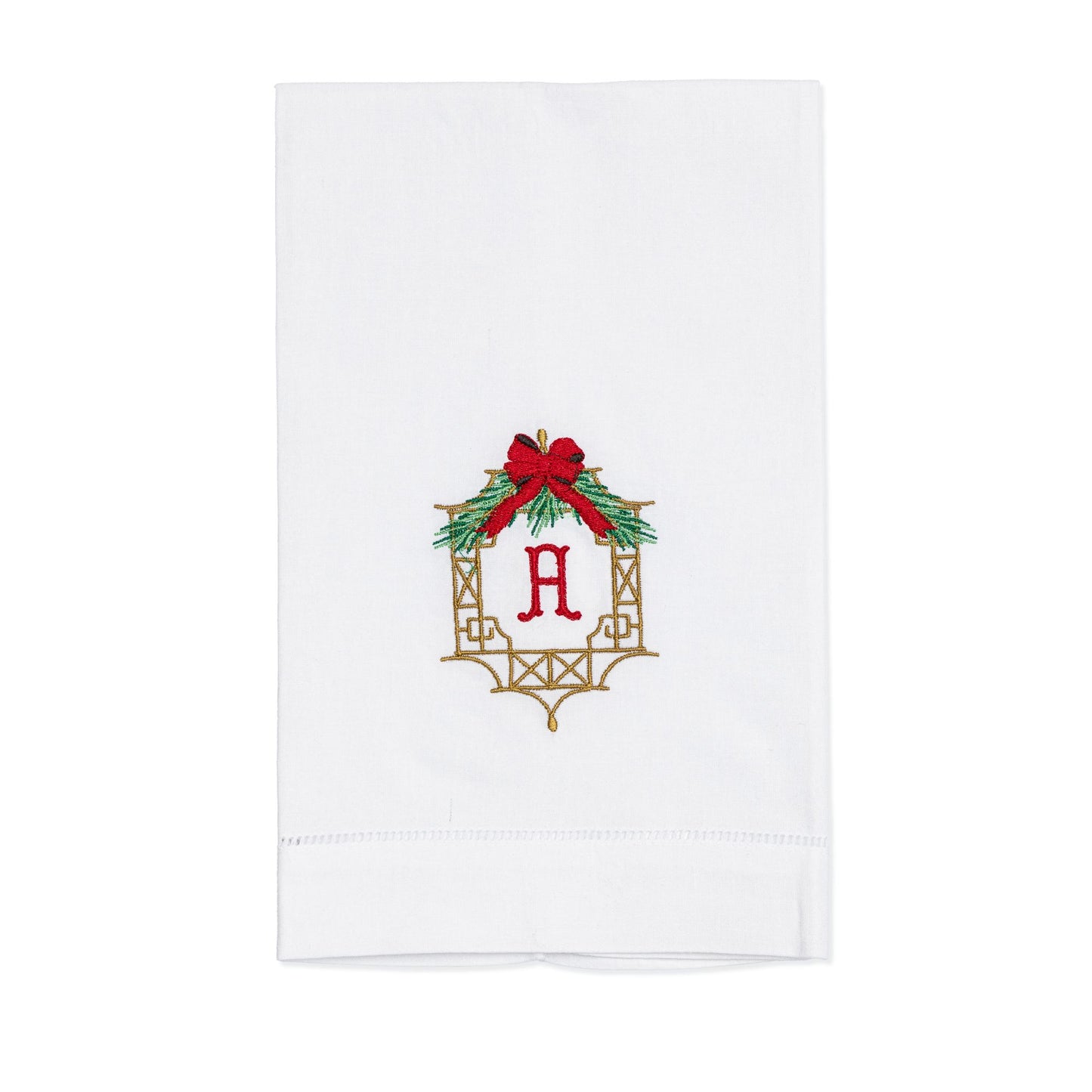 Embroidered Christmas Hand Towel with Chinoiserie Frame and Personalized Single Letter Monogram