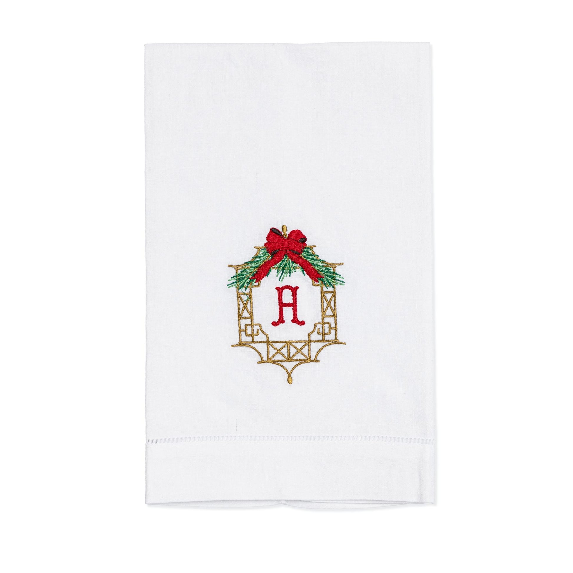 Embroidered Christmas Hand Towel with Chinoiserie Frame and Personalized Single Letter Monogram