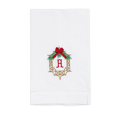 Embroidered Christmas Hand Towel with Chinoiserie Frame and Personalized Single Letter Monogram