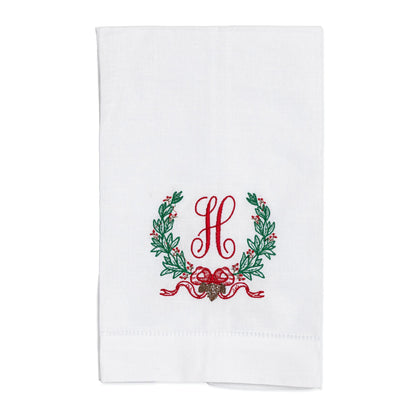 Embroidered Christmas Hand Towel with Wreath and Personalized Single Letter Monogram