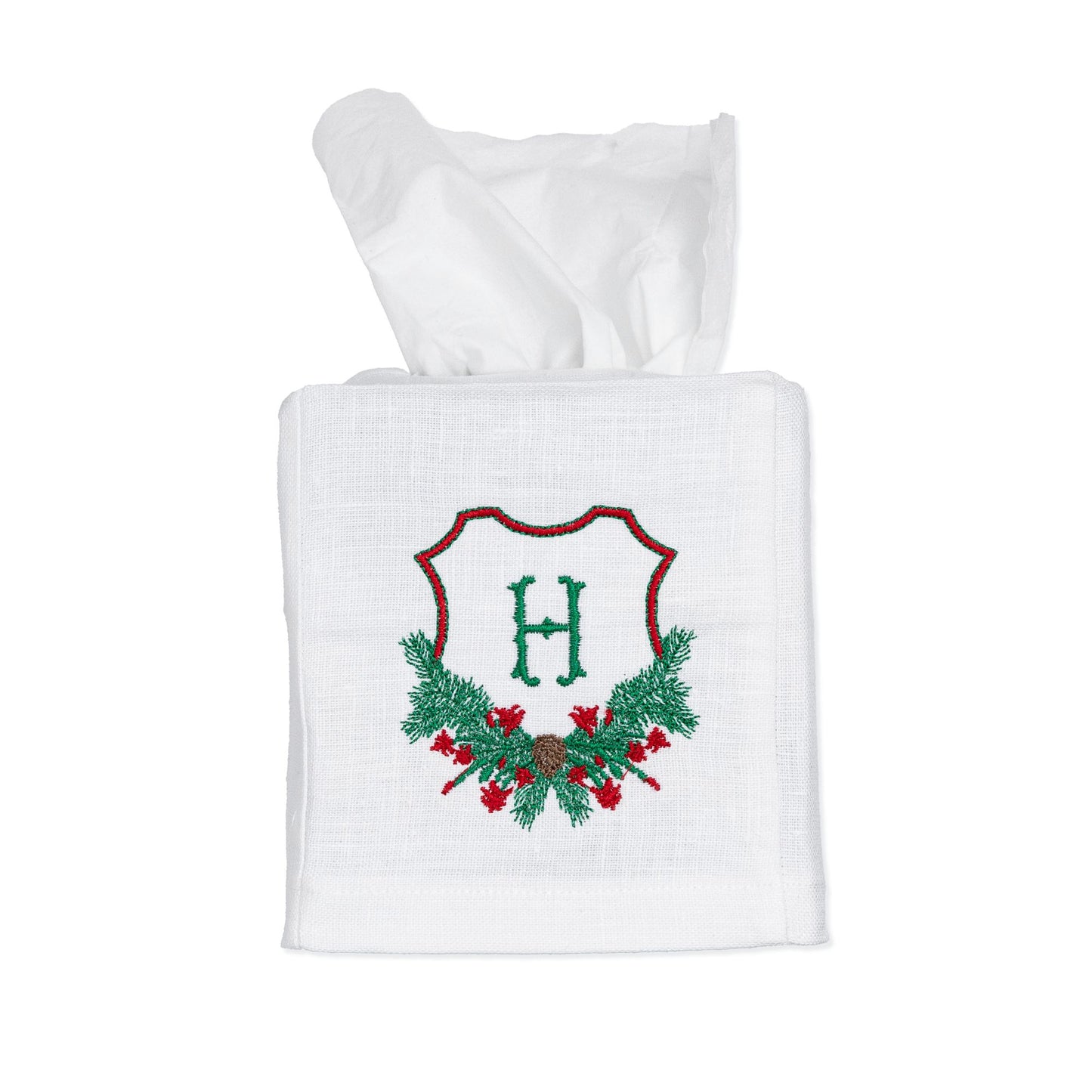 Embroidered Christmas Tissue Box Cover with Cactus Crest Wreath and Personalized Single Letter Monogram Friend Gift