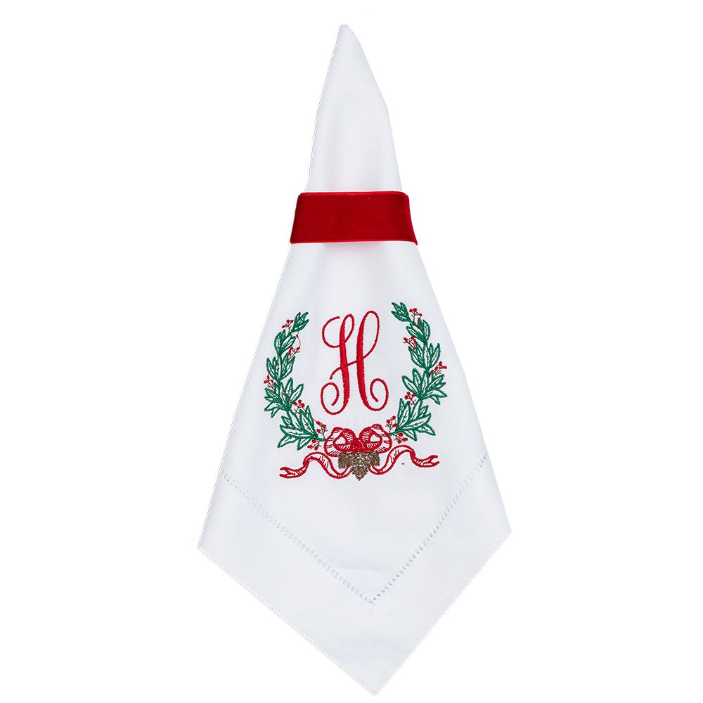 Embroidered Christmas Dinner Napkins with Pinecone Wreath and Personalized Single Letter Monogram Set