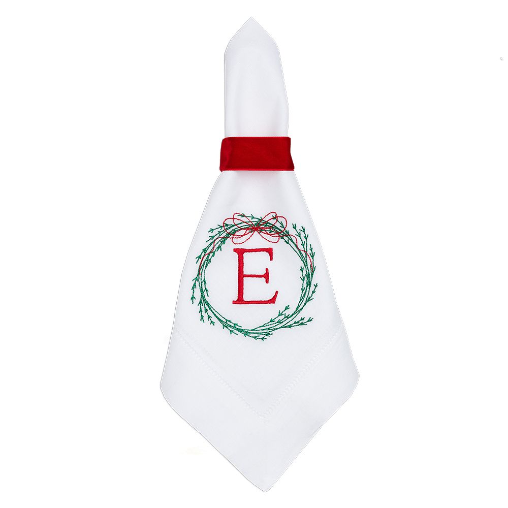 Christmas Embroidered Dinner Napkins Napkins Thin Bow Wreath and Personalized Single Letter Monogram