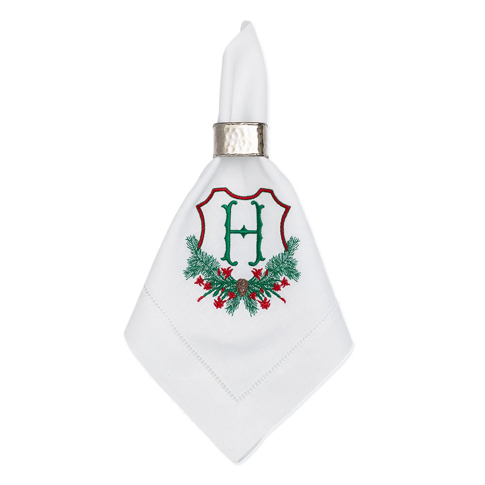 Embroidered Christmas Dinner Napkins with Cactus Crest and Personalized Single Letter Monogram Set