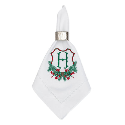 Embroidered Christmas Dinner Napkins with Cactus Crest and Personalized Single Letter Monogram Set