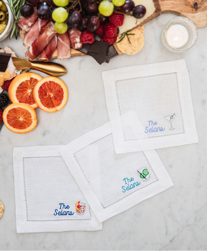 Embroidered Cocktail Napkins with Bourbon Whisky Old Fashioned with Minimalist Script Name