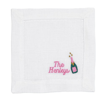 Embroidered Cocktail Napkins with Champagne Bottle and Personalized Minimalist Script Name